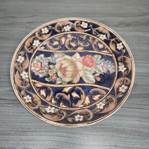 Vintage Embossed Floral China Plate 8" Decorative Wall Hanging Blue & Gold